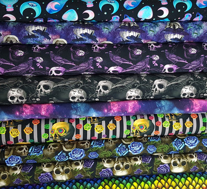 french terry skull, crow, raven, blue moth fabrics