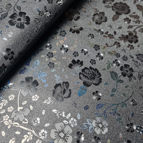 Matte black with holographic flowers Faux leather / vinyl fabric. 39x67cm roll