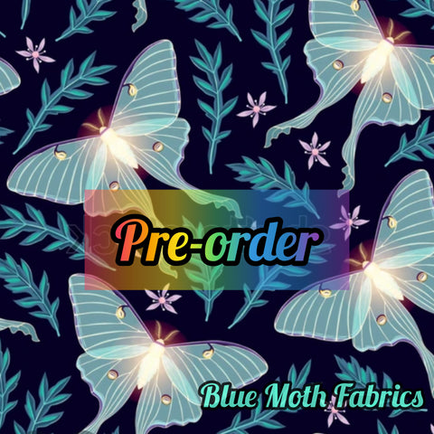 PRE-ORDER. Blue Lunar Moth Faux leather / vinyl fabric. 39x130cm