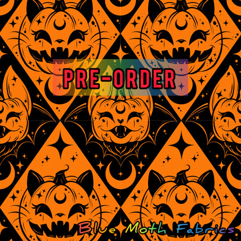 PRE-ORDER. Pumpkin cats Faux leather / vinyl fabric. 39x130cm