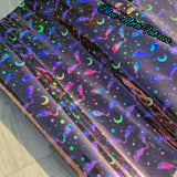 Neon bats and moons Holographic PVC Faux leather / vinyl fabric. 40x67cm roll