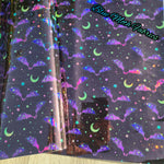 Neon bats and moons Holographic PVC Faux leather / vinyl fabric. 40x67cm roll