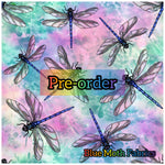 PRE-ORDER. Blue pink Dragonfly Faux leather / vinyl fabric. 39x130cm