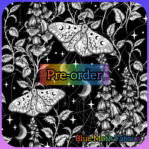 PRE-ORDER. Gothic flower moth fabric. By METER - BlueMothFabrics