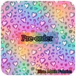 PRE-ORDER. Leopard Hearts rainbow light fabric. By METER - BlueMothFabrics