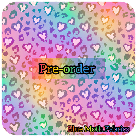 PRE-ORDER. Leopard Hearts rainbow light fabric. By METER - BlueMothFabrics