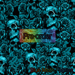 PRE-ORDER. Teal skulls and roses Faux leather / vinyl fabric. 40x130cm