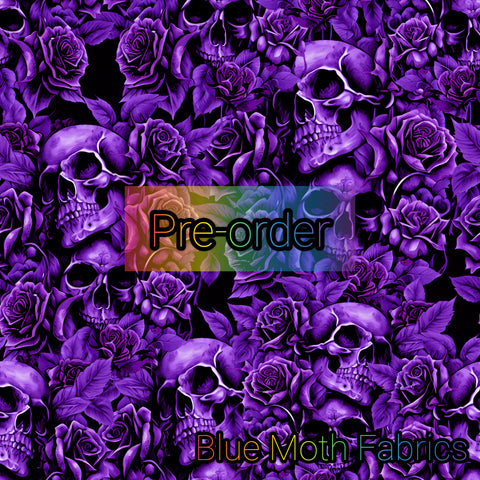PRE-ORDER. Purple skulls and roses fabric. By METER