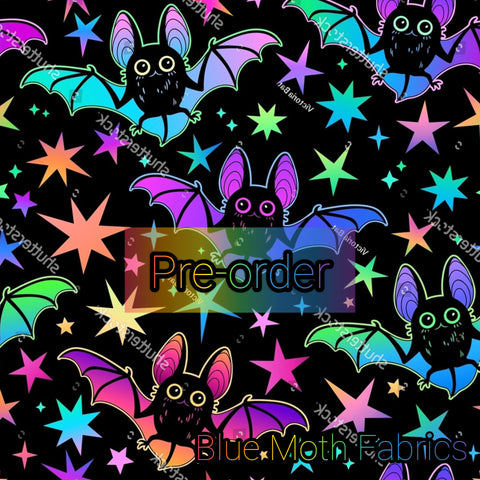 PRE-ORDER. Neon Rainbow bats fabric. By METER - BlueMothFabrics