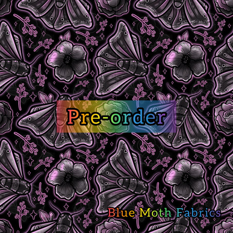 PRE-ORDER. Pink Flower Goth Moth Faux leather / vinyl fabric. 39x130cm