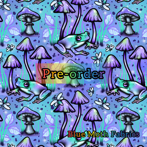 PRE-ORDER. Magic Mushrooms Frogs fabric. By METER - BlueMothFabrics