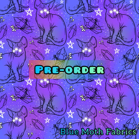PRE-ORDER. Familiars Sphynx Cat purple fabric. By METER - BlueMothFabrics