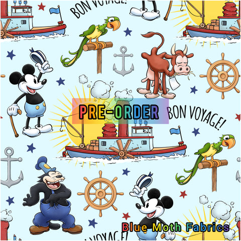PRE-ORDER. Steamboat Willie bon voyage fabric. By METER - BlueMothFabrics
