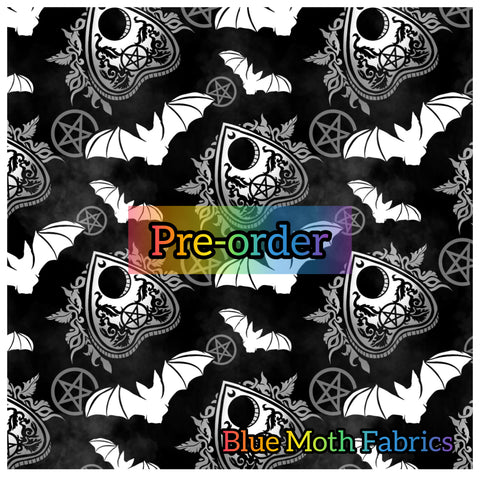 PRE-ORDER. Ouija Bats Monochrome faux leather / vinyl fabric. 39x130cm