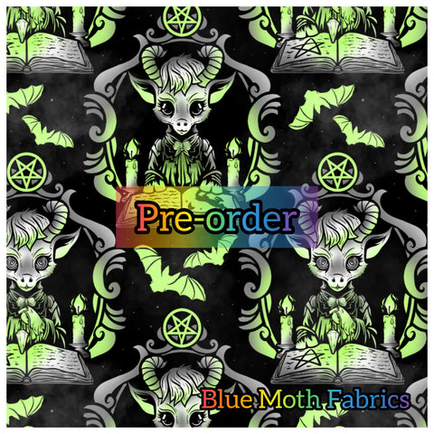 PRE-ORDER. Baphomed lady green faux leather / vinyl fabric. 39x130cm