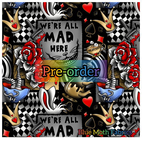 PRE-ORDER. We're all mad here Alice faux leather / vinyl fabric. 39x130cm
