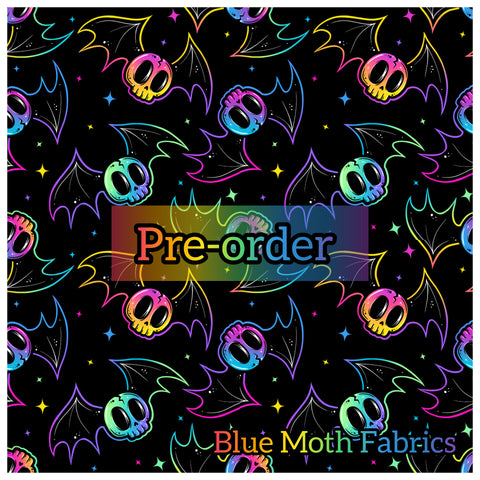 PRE-ORDER. Bat Skulls Rainbow faux leather / vinyl fabric. 39x130cm