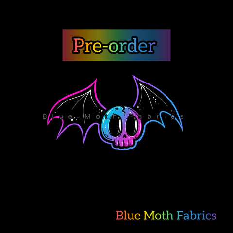 PRE-ORDER. PANEL Bat skull blue pink Faux leather / vinyl fabric. 30x30cm