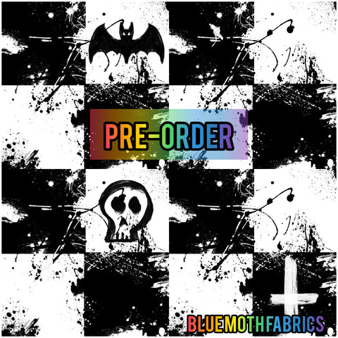 PRE-ORDER. Skull Bat checkerboard mono fabric. By METER