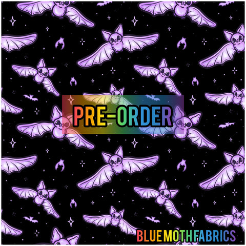 PRE-ORDER. Lilac Bats faux leather / vinyl fabric. 39x130cm