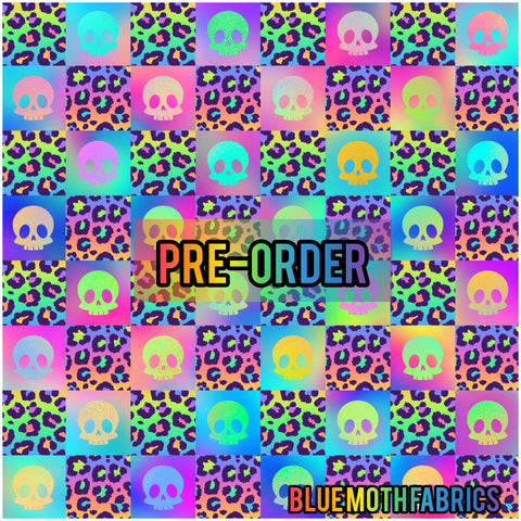 PRE-ORDER. Rainbow Leopard Skull Checkerboard fabric. By METER