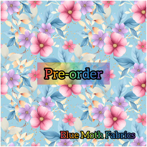 PRE-ORDER. Watercolour flowers blue fabric. By METER