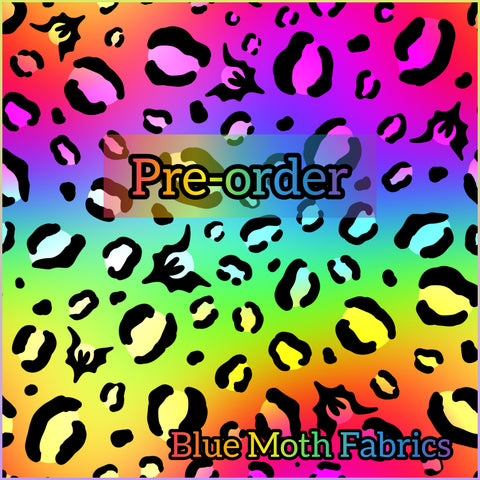 PRE-ORDER. Rainbow bat leopard faux leather / vinyl fabric. 39x130cm