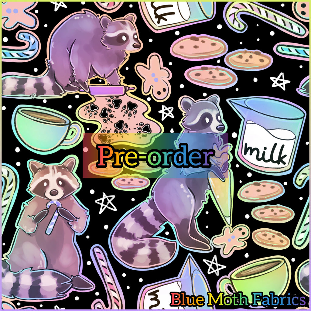 Mail Order Raccoon PRE-ORDER. Raccoon Christmas rainbow fabric. By METER – BlueMothFabrics