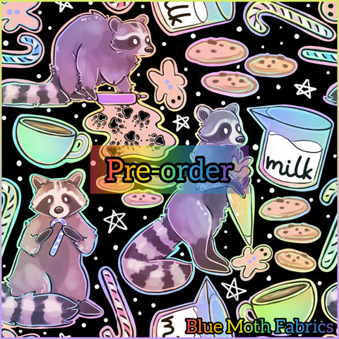 PRE-ORDER. Raccoon Christmas rainbow fabric. By METER