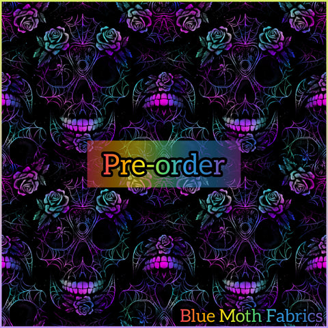 PRE-ORDER. Sugar Skull Purple faux leather / vinyl fabric. 39x130cm