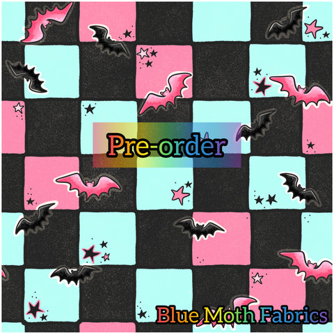 PRE-ORDER. Bats Checkerboard pink blue faux leather / vinyl fabric. 39x130cm