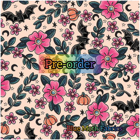 PRE-ORDER. Pink Halloween Flowers. faux leather / vinyl fabric. 39x130cm