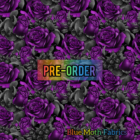 PRE-ORDER. Purple Roses faux leather / vinyl fabric. 39x130cm