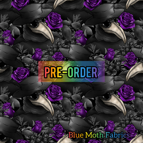 PRE-ORDER. Plague Doctor Purple Roses faux leather / vinyl fabric. 39x130cm