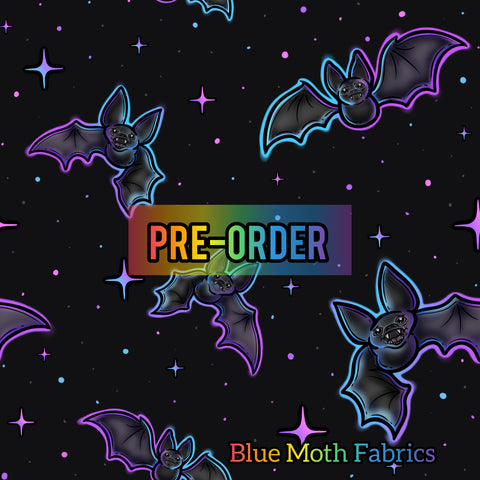 PRE-ORDER. Blue Pink Bats faux leather / vinyl fabric. 39x130cm