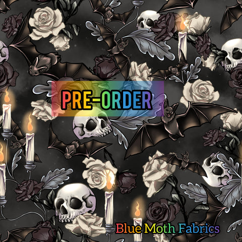 PRE-ORDER. Gothic floral skulls and bats fabric. By METER