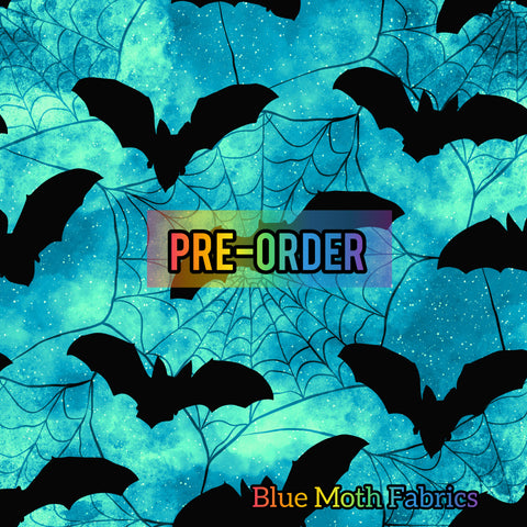 PRE-ORDER. Turquoise spiderweb bat fabric. By METER