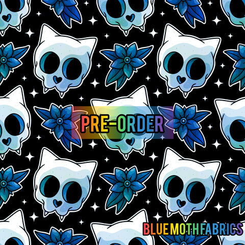 PRE-ORDER. Cat skull blue fabric. By METER