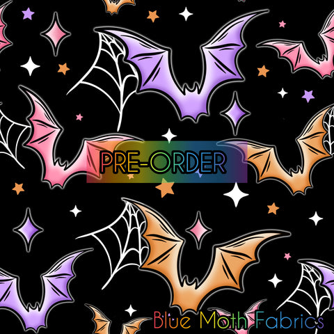 PRE-ORDER. Spiderweb Rainbow Bats faux leather / vinyl fabric. 39x130cm