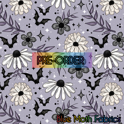 PRE-ORDER. Floral Bats faux leather / vinyl fabric. 39x130cm