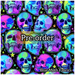 PRE-ORDER. Trippy Skulls faux leather / vinyl fabric. 39x130cm