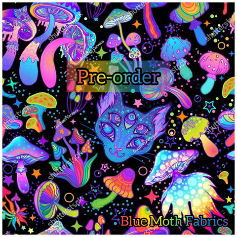 PRE-ORDER. Trippy Cats and Mushrooms dark fabric. By METER