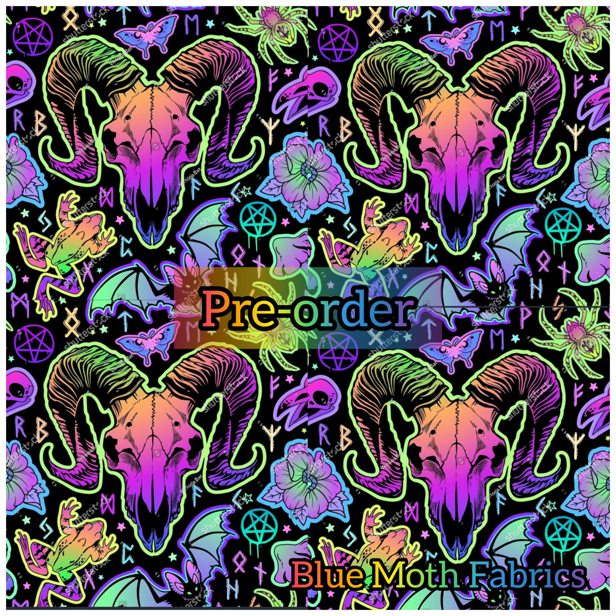 PRE-ORDER. Rainbow Ram Skull fabric. By METER – BlueMothFabrics