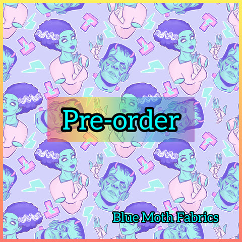 PRE-ORDER. Pastel Frankenstein and Bride Faux leather / vinyl fabric. 39x130cm