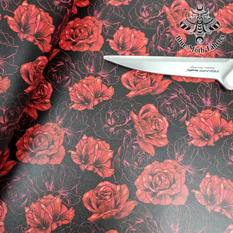 Red roses Faux leather / vinyl fabric. 39x66cm roll