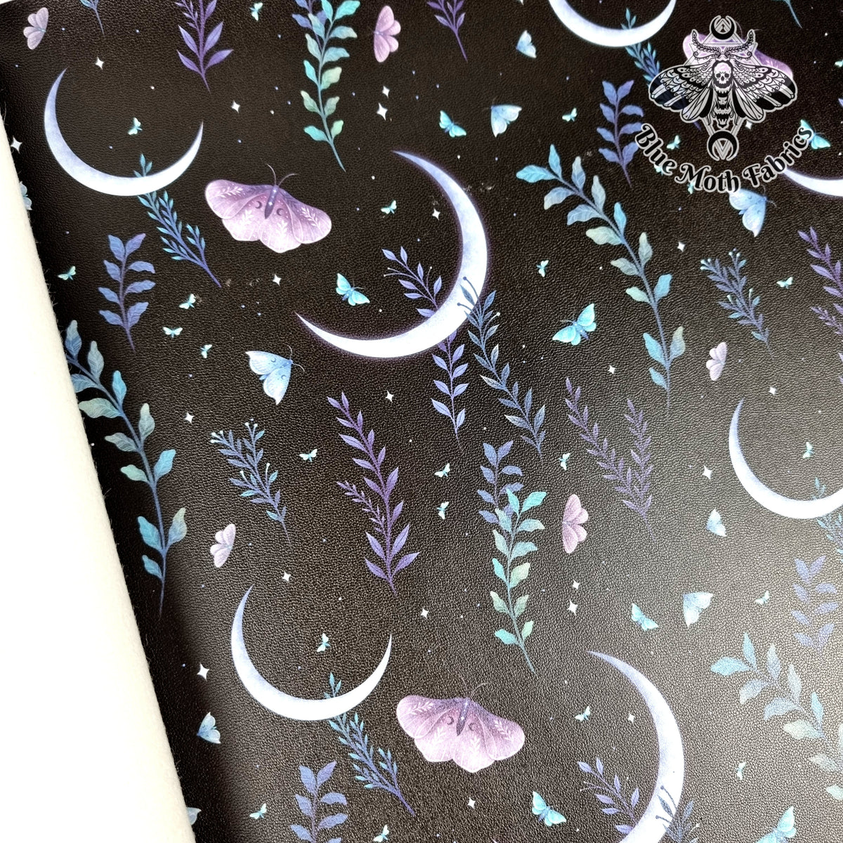 Floral Moth Moon Faux leather / vinyl fabric. 39x66cm roll ...