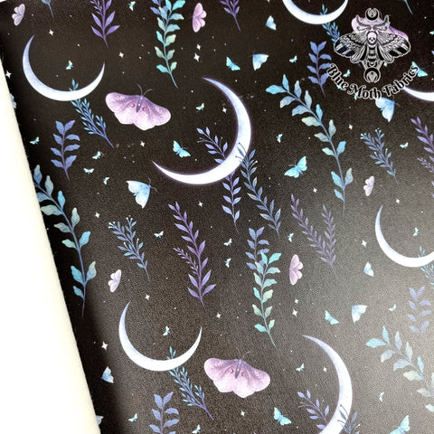 Floral Moth Moon Faux leather / vinyl fabric. 39x66cm roll