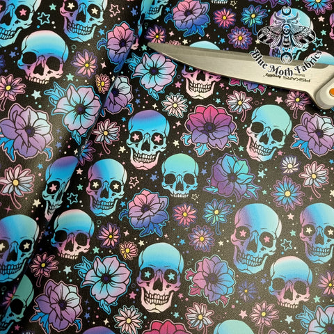 Blue Floral Skull Faux leather / vinyl fabric. 40x66cm roll