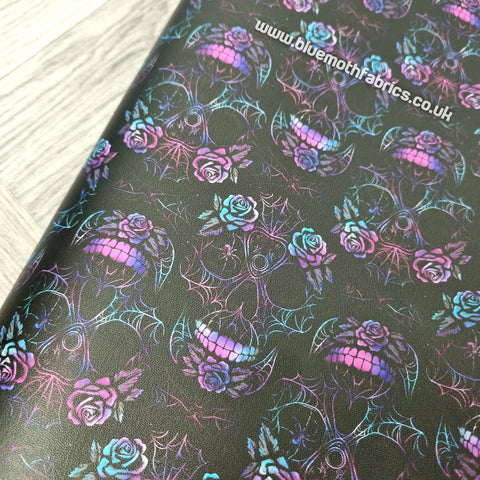 Sugar Skull purple Faux leather / vinyl fabric. 39x66cm roll