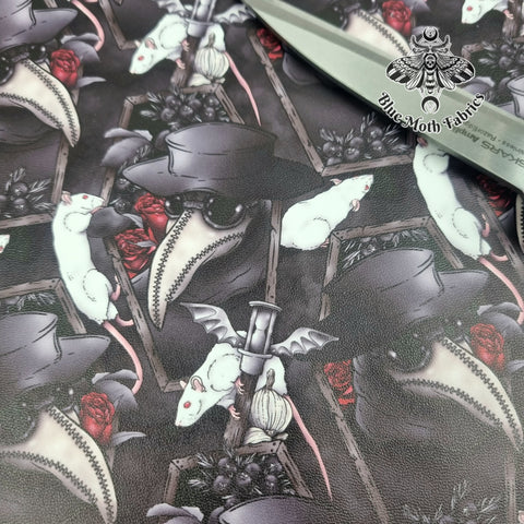 Plague Doctor red roses rat Faux leather / vinyl fabric. 39x66cm roll